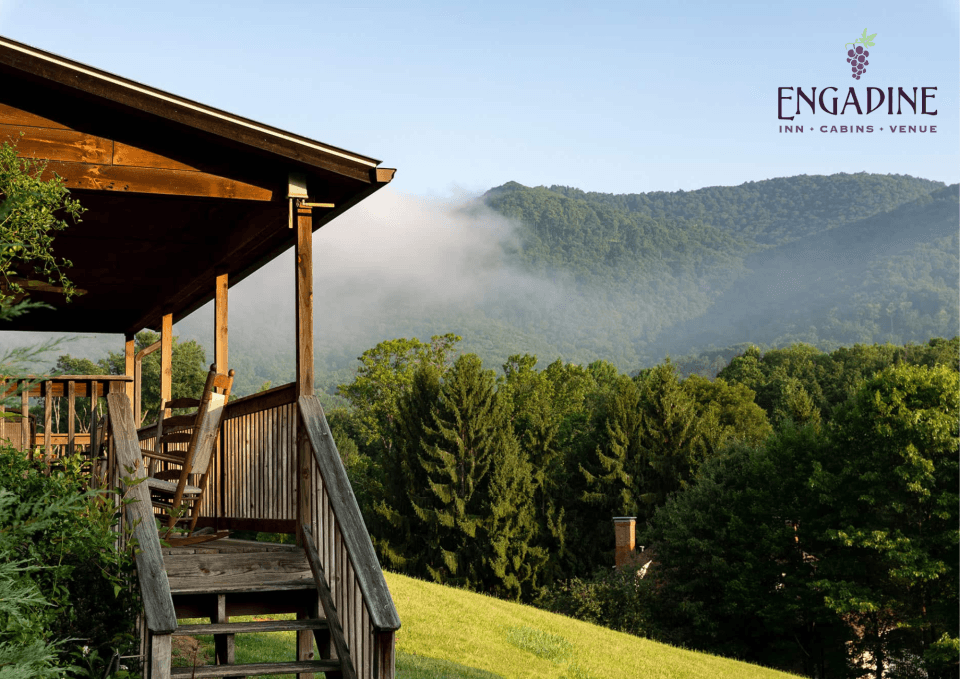 Collage highlighting mountain views and a cabin stay at Engadine. Collage highlighting mountain views and a cabin stay at Engadine.